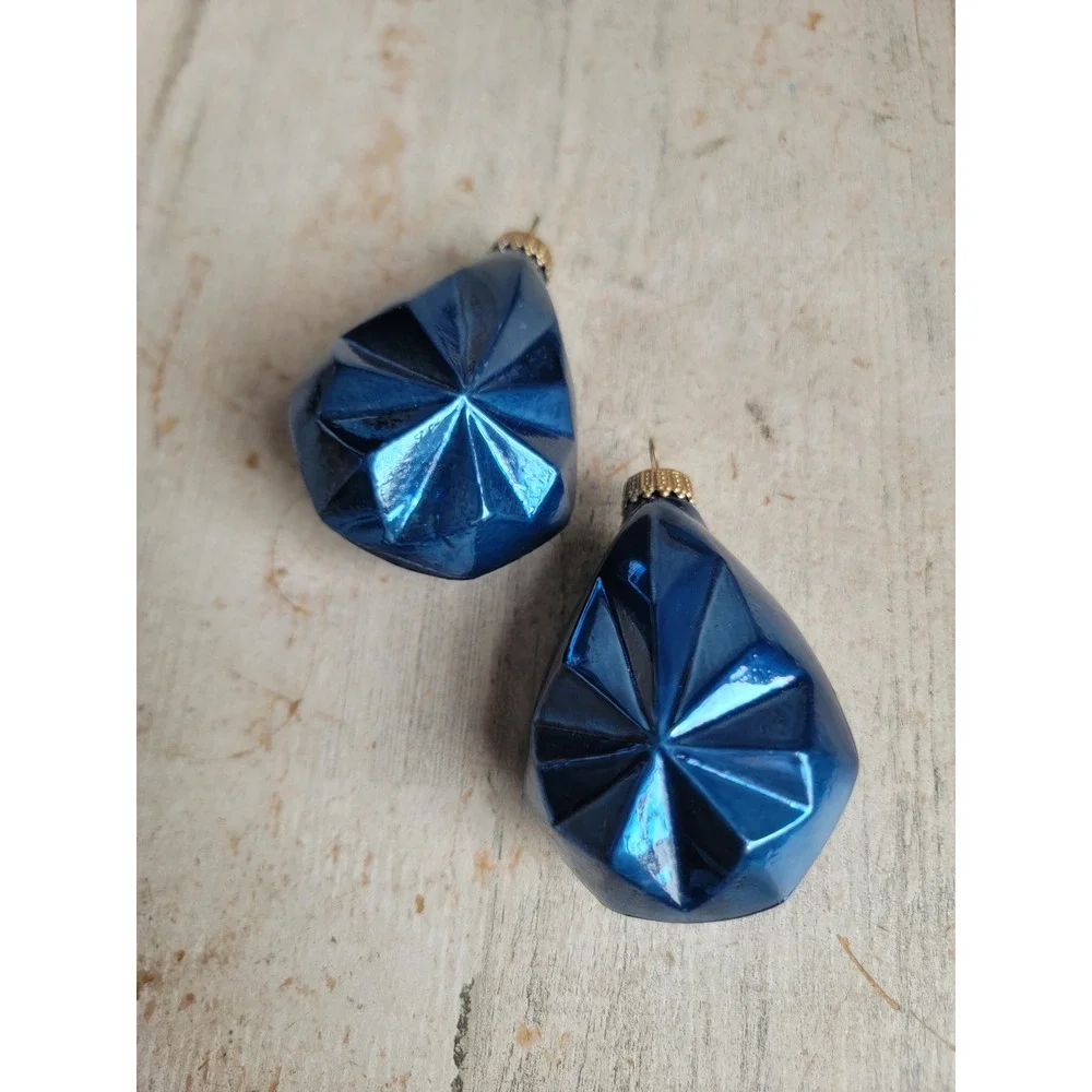Vintage blue tear drop glass set ornament Xmas snowflake patterns